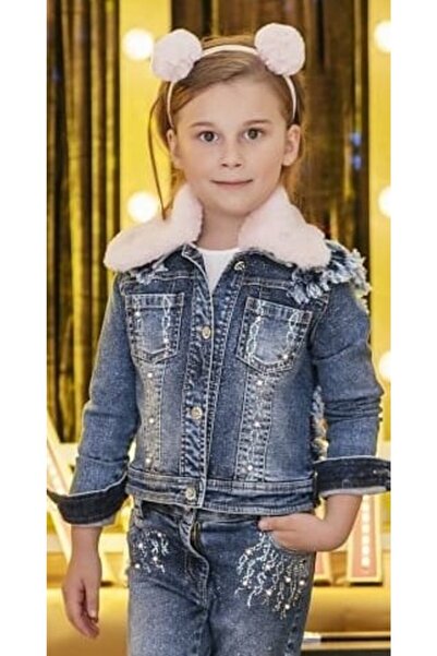 Pamina Kız Çocuk Mavi Kürk Yaka Çıkan Simli Kot Ceket