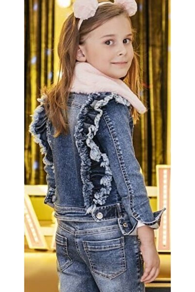 Pamina Kız Çocuk Mavi Kürk Yaka Çıkan Simli Kot Ceket