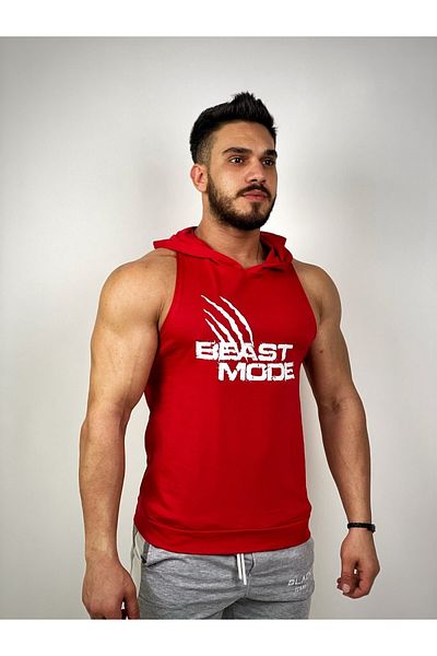 BLACK Men's Red Beast Mode Hooded Fitness Undershirt