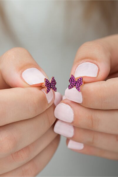 Nereze 925 Ayar Pembe Minik Kelebek Küpe Kadın Gümüş Küpe