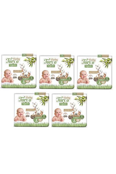 Baby Turco Doğadan 2 Numara Mini  Bağlamalı 42'lı 5 Paket 210 Adet  Bebek Bezi