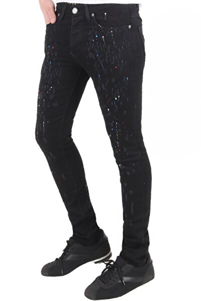 viking's line Erkek Spor Giyim Boya Damlalı Siyah Kot Pantolon