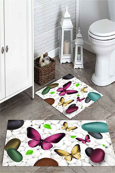 MEKTA HOME 3-D Butterfly and Stone 2-Piece Bath Mat Set 60 x 100 50 x 60