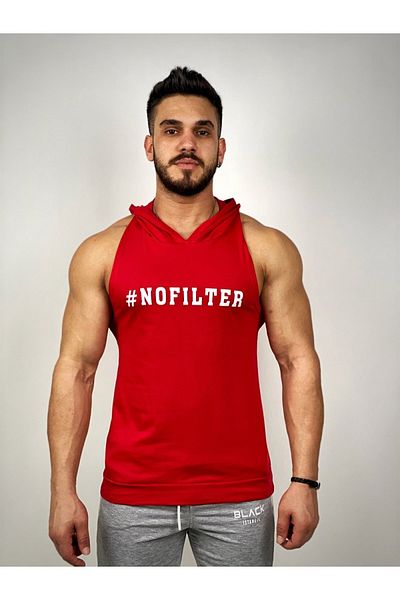 BLACK Tricou roșu pentru fitness, fără filtru, cu glugă