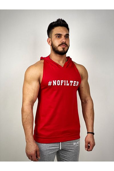 BLACK Tricou roșu pentru fitness, fără filtru, cu glugă