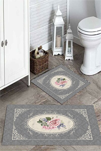 MEKTA HOME طقم سجادة حمام منقوشة باللون الرمادي الوردي مكون من قطعتين Mktpp-2...