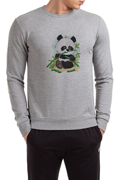 QIVI Panda Printed Gray Men's Knitted Sweatshirt Long Sleeve