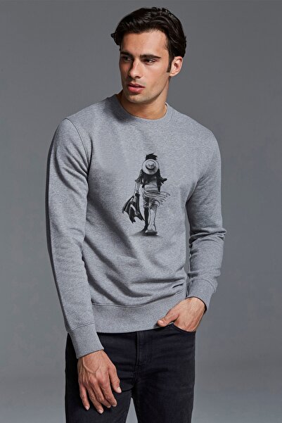 QIVI Anime One Piece Printed Gray Men's Knitted Sweatshirt Long Sleeve