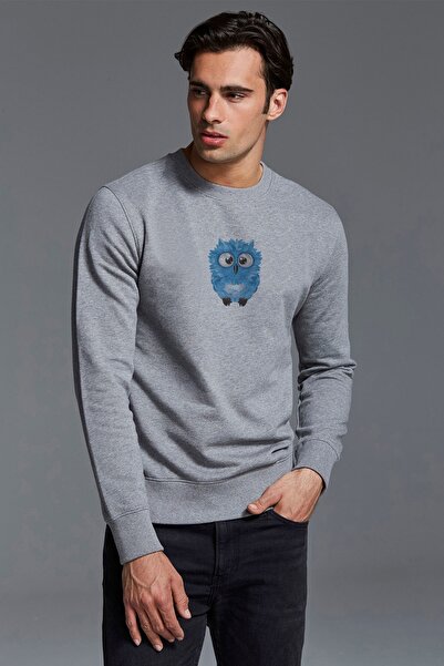 QIVI Blue Owl Picture Owl Cute Blue Printed Gray Men's Knitted Sweatshirt Lon...