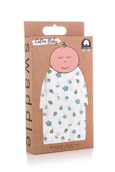 Caline Baby Muslin Cloth Cover Flower Pattern - Blue 120x120 Cm + 4 Mouth Wipes