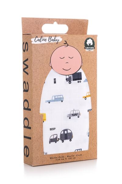 Caline Baby غطاء قماش موسلين بنمط سيارة - رمادي 120x120 سم 4 مناديل مبللة للفم