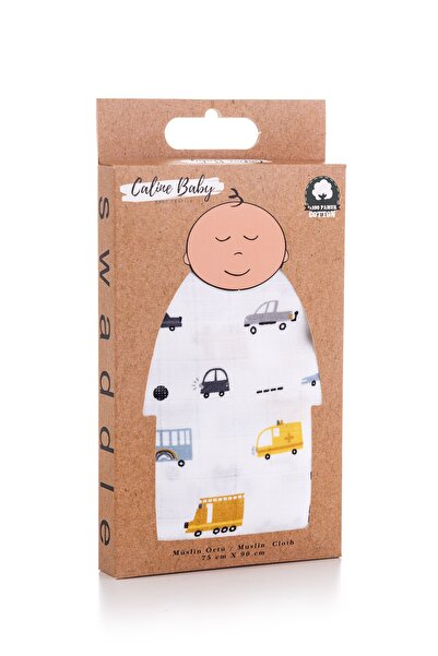 Caline Baby Muslin Cloth Cover Car Pattern - Gray 90x75 Cm + 2 Mouth Wipes