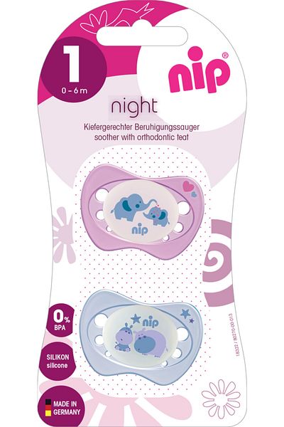 Nip Night Silicone Nocturnal Pacifier for 0-6 Months Hippo and Elephant Girl