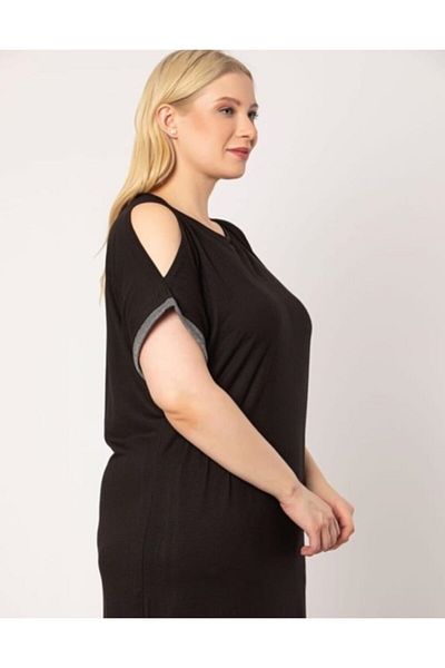 Şirin Butik Γυναικείο Μαύρο Μεγάλο Μέγεθος Φόρεμα Βισκόζης με λεπτομέρεια αστραγάλου