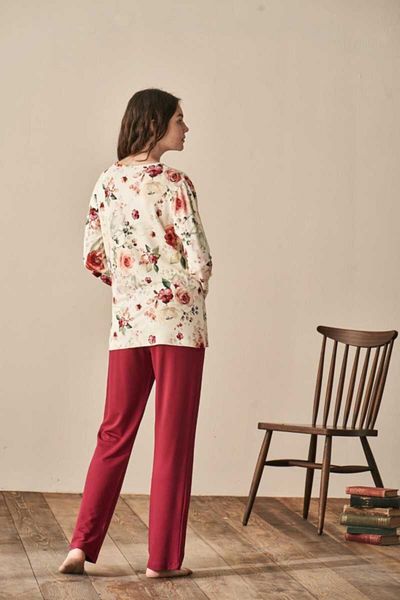 Feyza Women's Burgundy Long Sleeve Top Size Floral Print Sleeves Lace Detail Pajamas Set