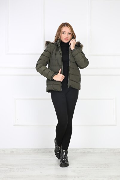 B&T Kadın Haki Suni Kürk Peluşlu Çıkarılabilir Kapüşonlu Içi Suni Kürklü Şişme Spor Mont