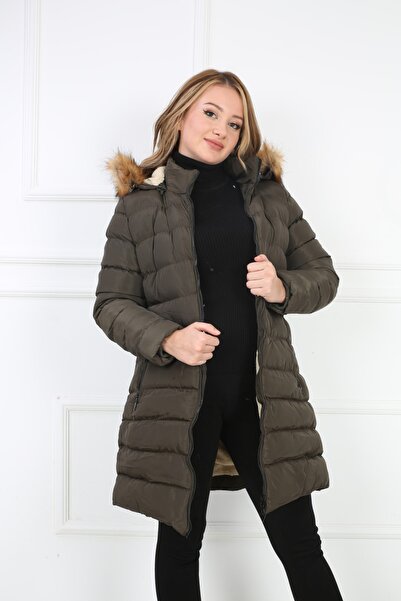 B&T Kadın Haki Renkli Çıkarılabilir Kapüşonlu Ve Kürklü Şişme  Mont