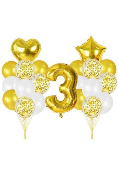 Deniz Party Store 3 Year Old Confetti Balloon Birthday Set Gold