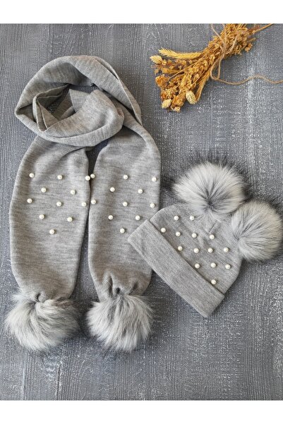 pempem bandana Gray Knitwear Pearl Scarf Beret Set
