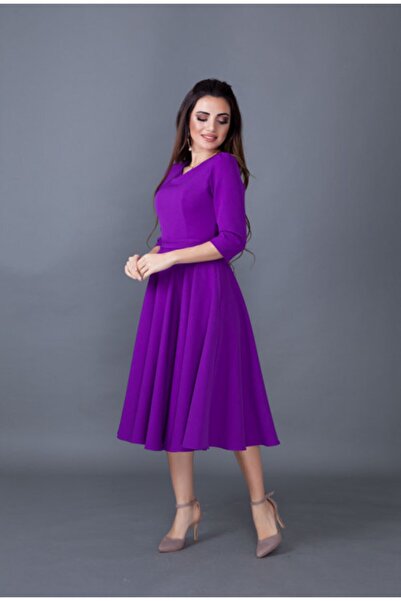 Bidoluelbise Γυναικείο μωβ φόρεμα με λαιμόκοψη με λεπτομέρεια με τσέπη