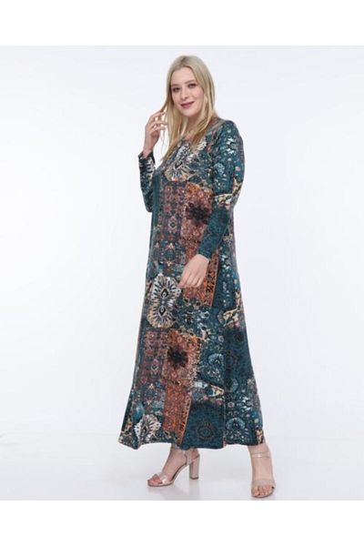 Mezura Rochie de damă, albastru, verde, cu model etnic, mărime mare