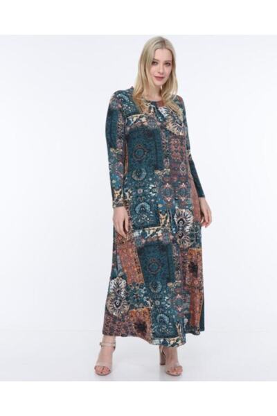 Mezura Γυναικείο φόρεμα με μπλε πράσινο έθνικ σχέδιο σε μεγάλο μέγεθος