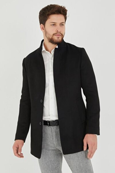 Suitmen Erkek Siyah Dar Kesim Kaşe Kaban