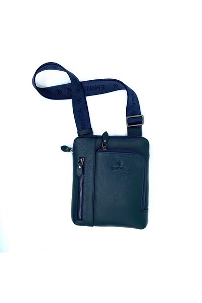 Eminsa Men's Navy Blue Genuine Leather Strap Shoulder Bag