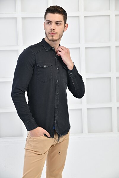 FBI Antrasit Erkek Denim Yıkamalı Sedef Çıtçıt Cepli Slim Fit Gömlek F6170
