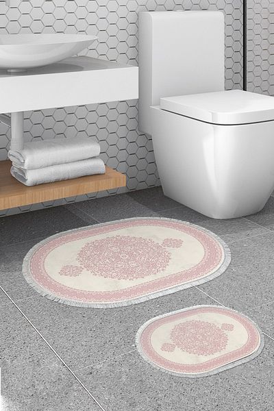 Alanur Home Alanur Trend Non-Slip Base Oval Fringed Digital 2-Piece Bathroom Set Cream Powder