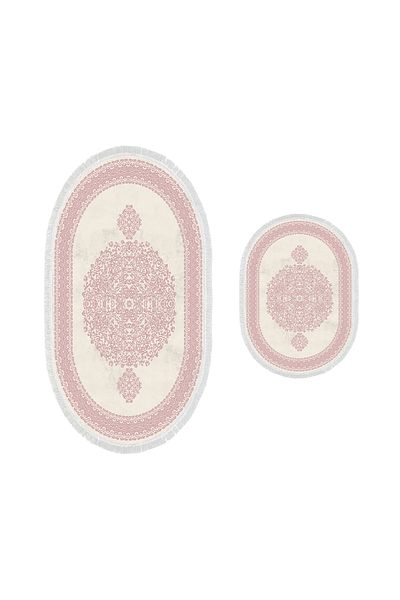 Alanur Home Alanur Trend Non-Slip Base Oval Fringed Digital 2-Piece Bathroom Set Cream Powder