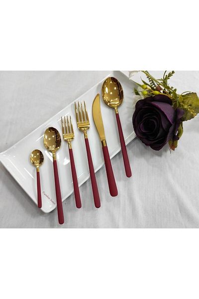 BRONDOFF Bahama 36 Piece Red Titanium Gold Fork Spoon Knife Set