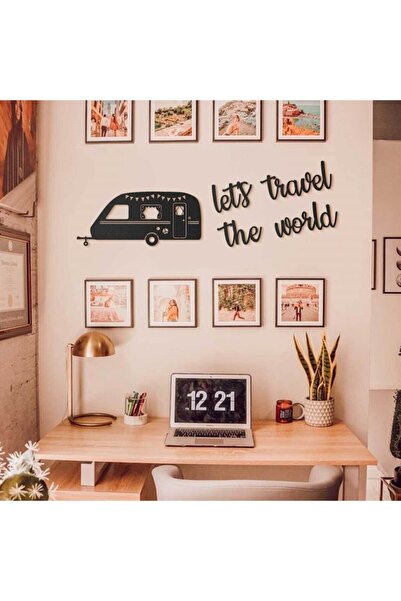 NT Handmade Siyah Ahşap Let's Travel The World Duvar Dekoru - Salon Oturma Ya...