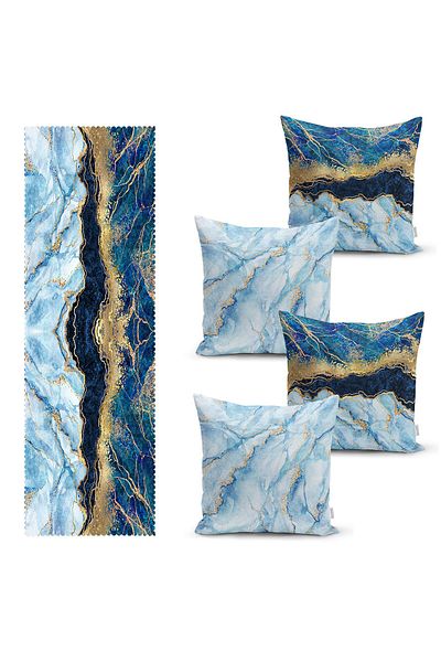 Realhomes Set de 4 fețe de pernă cu design Blue Marble și 1 pasaj