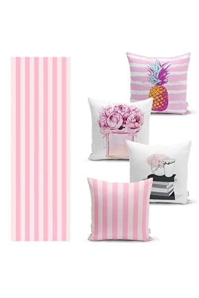 Realhomes طقم مكون من 4 أغطية وسائد مخططة باللون الوردي و1 عداء
