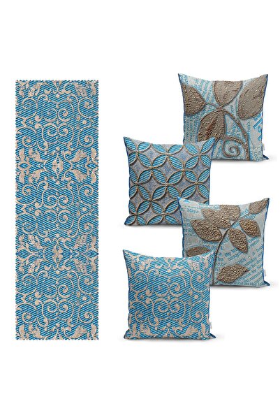 Realhomes Damask Tasarımlı Turkuaz Kırlent Kılıfı 4 Adet ve Tekli Runner