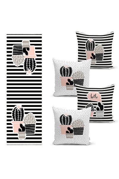 Realhomes Çizgili Kaktüs Tasarımlı 4 Kırlent Kılıfı Ve 1 Runner Seti