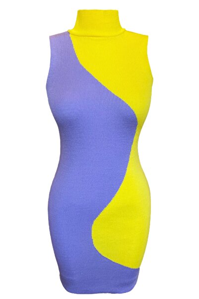 Whenever Company Lila Sarı Blok Renkli Kolsun Triko Elbise