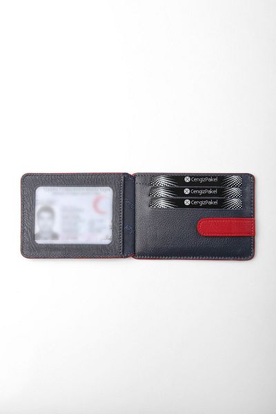 CENGİZ PAKEL Γνήσιο Δερμάτινο Ανδρικό Καρτοθήκη Navy Blue-red-2404t