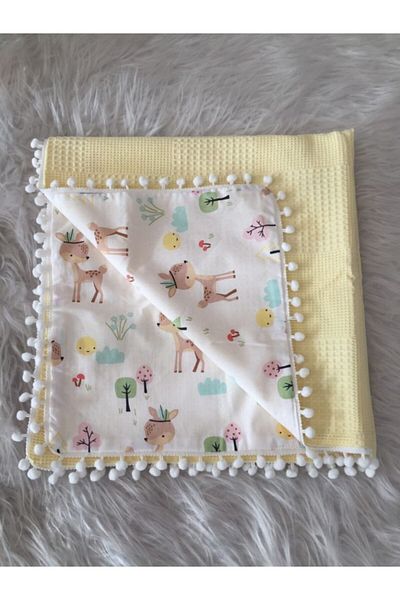 Jaju Baby Yellow Waffle Gazelle Design Pompom Pique Baby Blanket Multi-Purpose Blanket