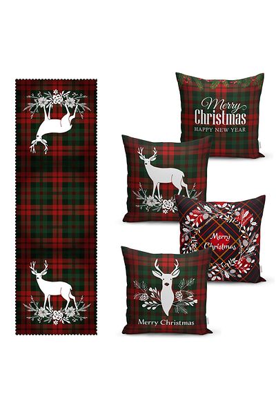 Realhomes Plaid Floor Mery Christmas Designed Set of 4 Throw Pillow Covers and 1 Runner