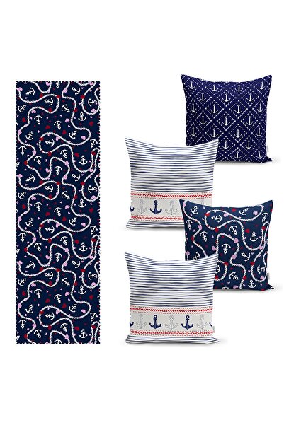 Realhomes Set de 4 huse de pernă cu podea bleumarin cu motiv ancoră și 1 pasaj
