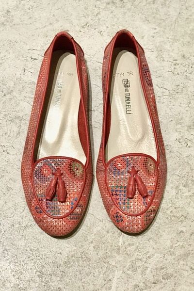 TUNAELLİ Balerini din piele naturală cu model alb de damă, mărimea 35-41