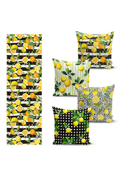 Realhomes Siyah Çizgili Limon Tasarımlı 4 Kırlent Kılıfı Ve 1 Runner Seti