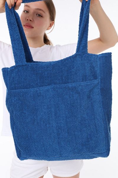 ICONE BAG Geantă albastră pentru femei - țesătură prosop, două buzunare, geantă de plajă și de umăr