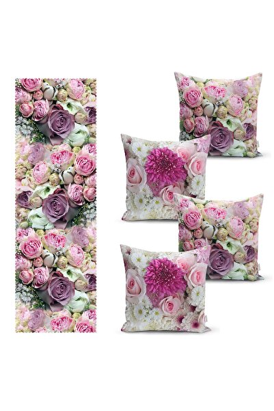 Realhomes Gül Ve Papatya Motifli 4 Kırlent Kılıfı Ve 1 Runner Seti