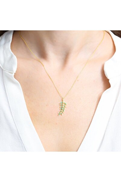 Mia Vento Kadın Gold Yeşil Taşlı Defne Yaprağı Gümüş Kolye