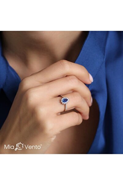 Mia Vento Kadın Pırlanta Montur Safir Damla Gümüş Yüzük