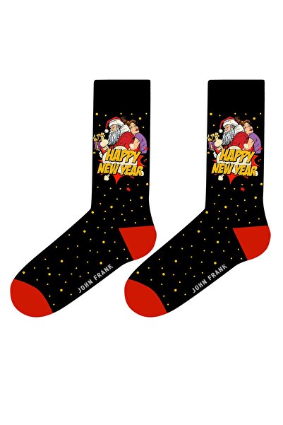 John Frank Kadın Siyah Santa Desenli Yılbaşı Çorap