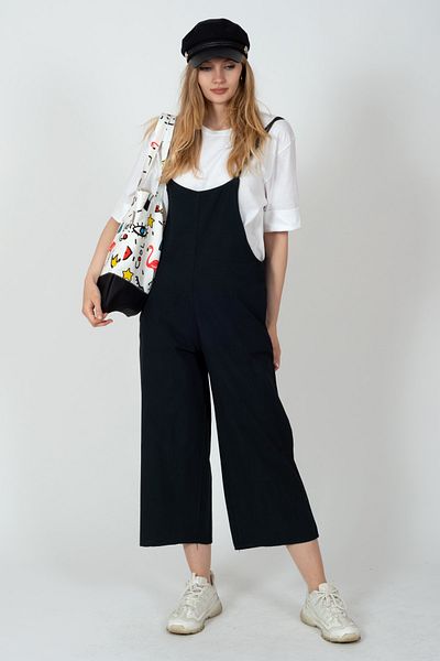 Primaro Black Cotton-linen Women's Jumpsuit